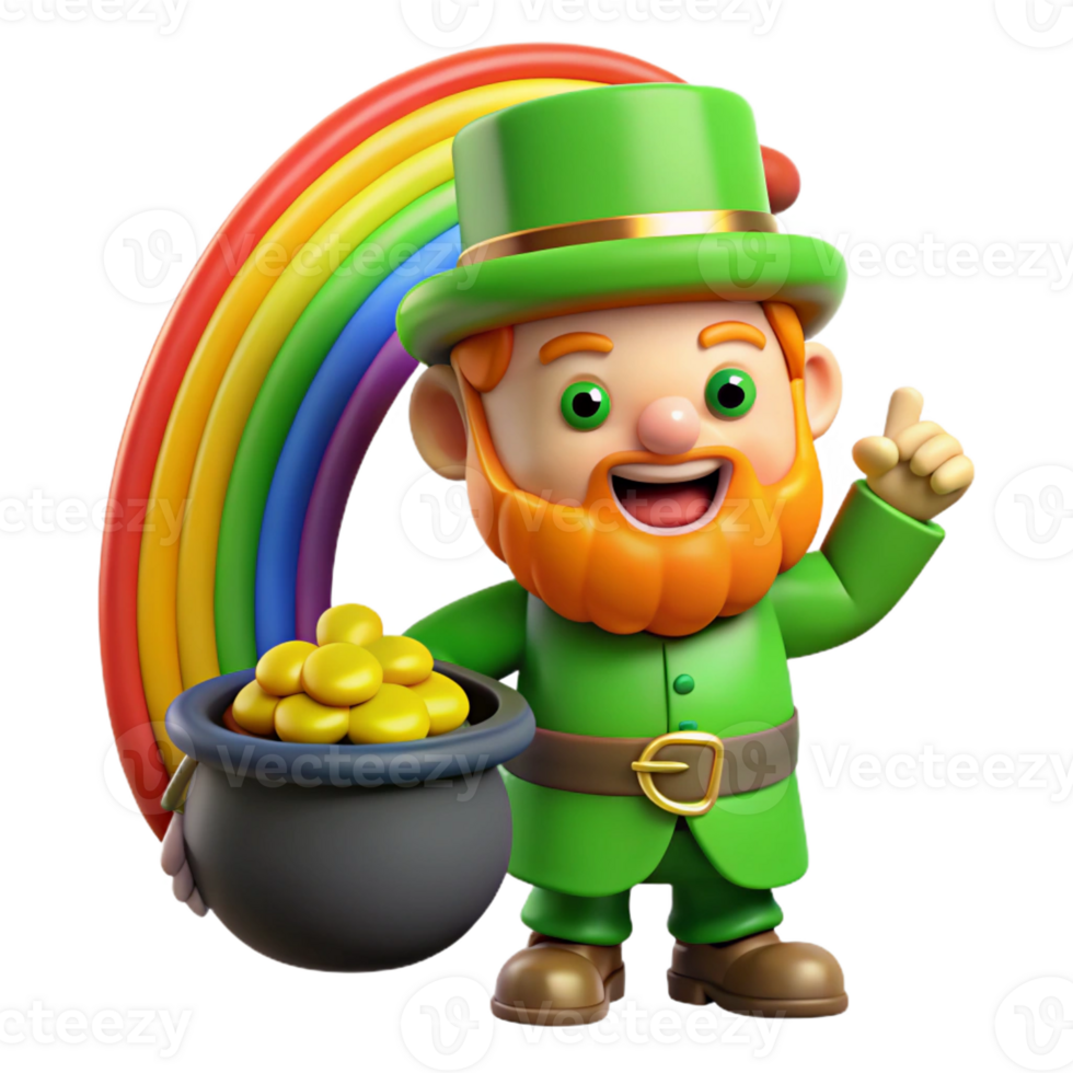 vibrant creative A mischievous leprechaun guarding a pot of gold at the end of a rainbow, in a vibrant, cartoonish style professional png