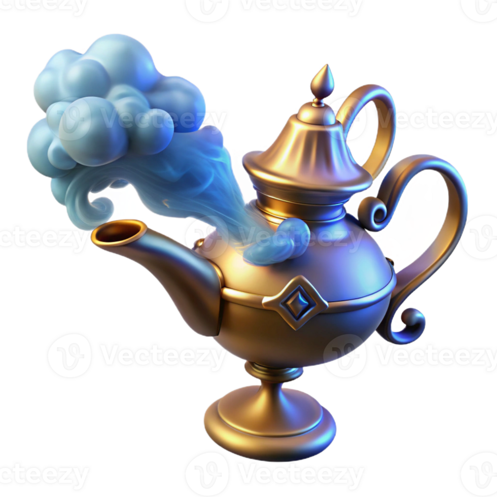 magnificent traditional A powerful djinn emerging from a swirling cloud of smoke inside a ornate brass lamp, illuminated by an internal glow, in an Arabian Nights style high resolution png