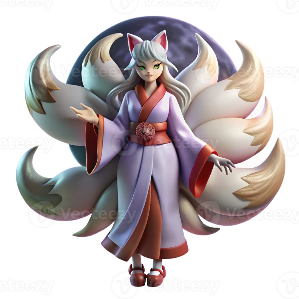 serene contemporary A cunning kitsune with nine flowing tails, transforming into a beautiful woman under the full moon, in a Japanese woodblock print style premium png