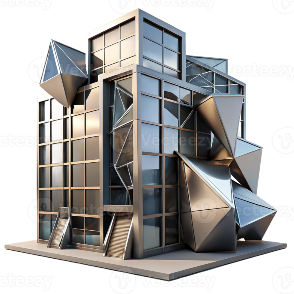 serene rustic Deconstructivist office building, fragmented forms, metallic cladding, dramatic shadows, cyberpunk aesthetic, digital art high quality png