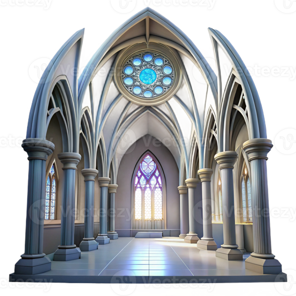 beautiful traditional Gothic cathedral interior, towering arches, stained glass rose window, ethereal light beams, hyperrealistic, detailed textures 4K png