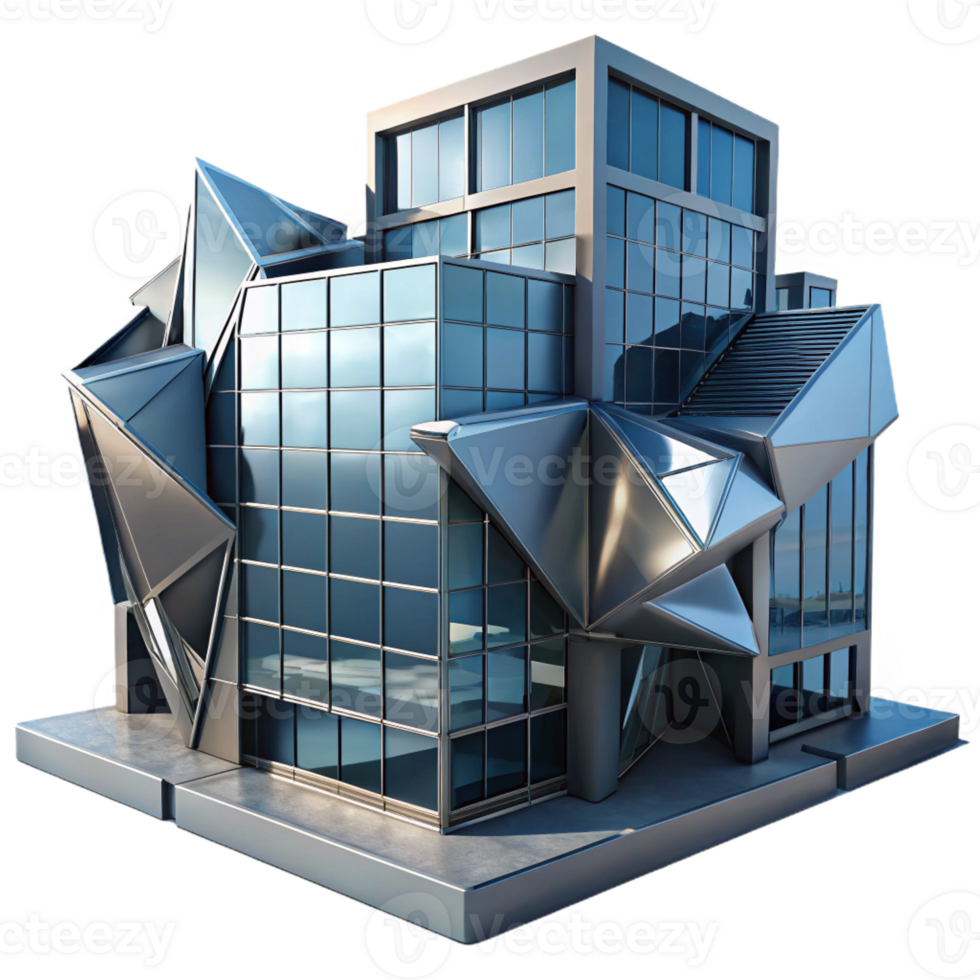 magnificent abstract Deconstructivist office building, fragmented forms, metallic cladding, dramatic shadows, cyberpunk aesthetic, digital art exclusive png