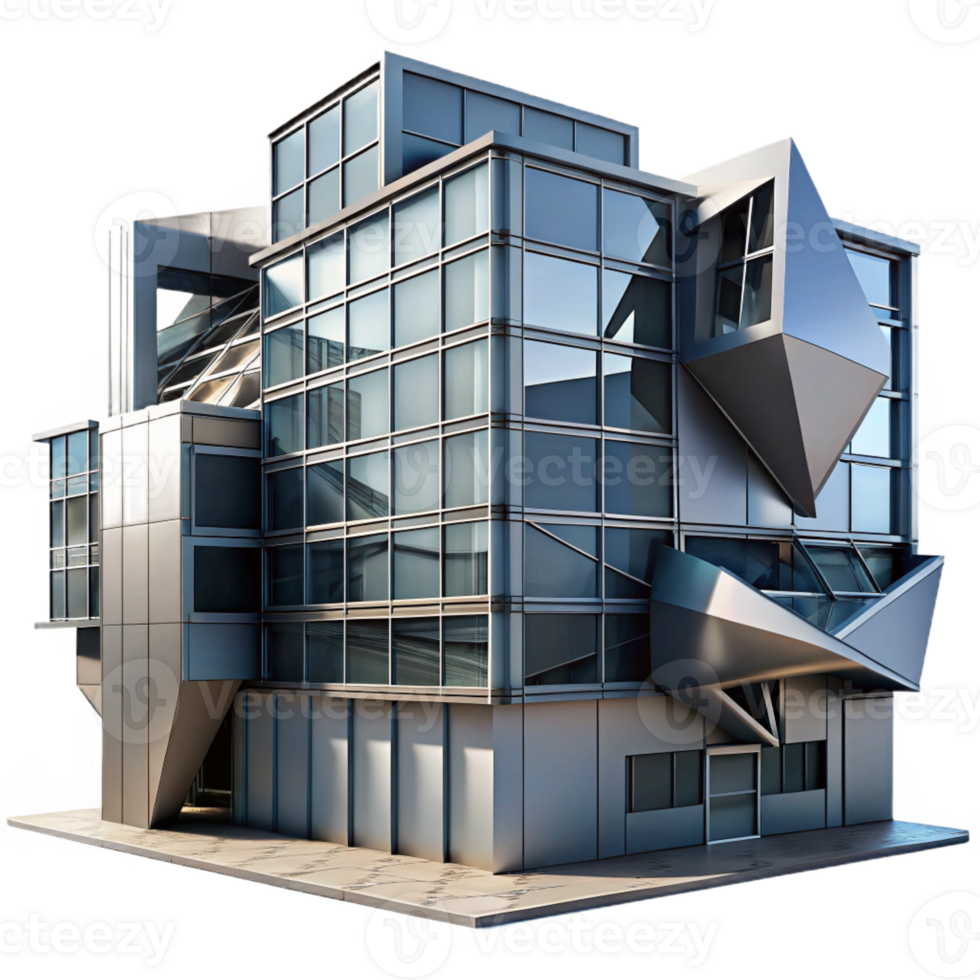 extraordinary contemporary Deconstructivist office building, fragmented forms, metallic cladding, dramatic shadows, cyberpunk aesthetic, digital art original png