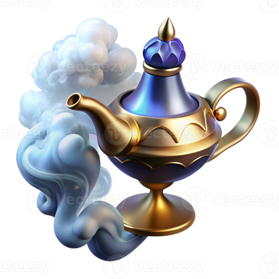wonderful minimalist A powerful djinn emerging from a swirling cloud of smoke inside a ornate brass lamp, illuminated by an internal glow, in an Arabian Nights style detailed png