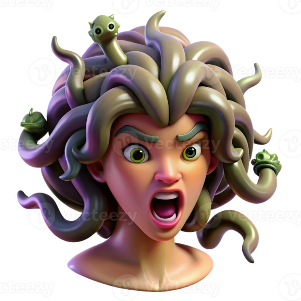 serene traditional A fearsome Medusa with snakes for hair, turning a warrior to stone, in a dramatic, Baroque style authentic png