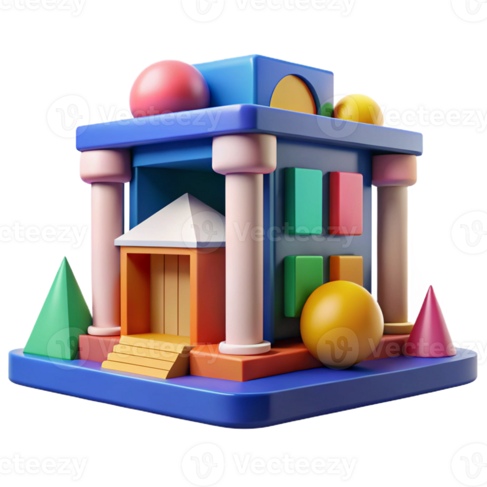 impressive minimalist Postmodern library, colorful geometric shapes, playful design, bright daylight, cartoon style professional png