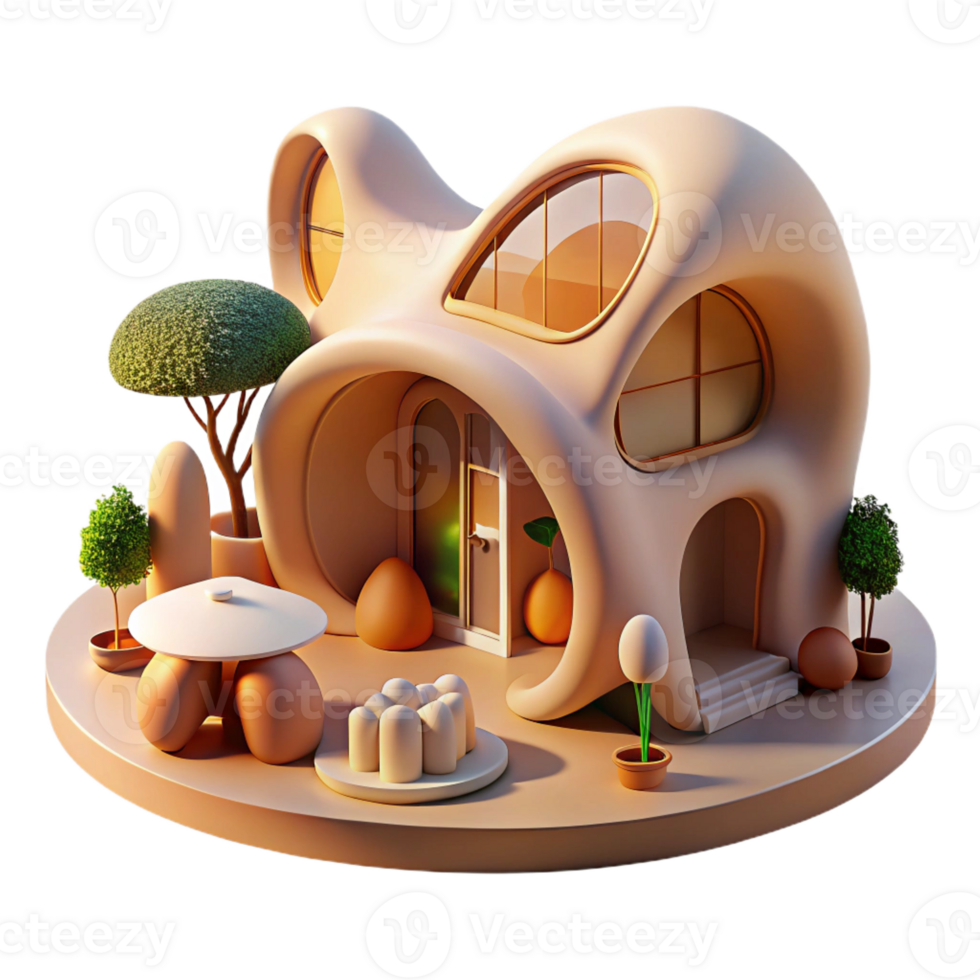 wonderful vintage Organic architecture house, flowing curves, natural materials, integrated landscape, warm sunlight, environmental portrait original png