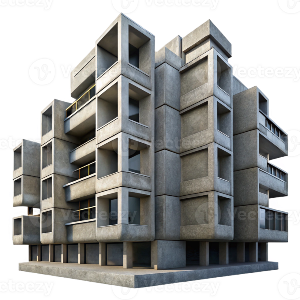 elegant classic Brutalist concrete apartment block, repetitive geometric patterns, harsh shadows, overcast sky, documentary photography style high quality png