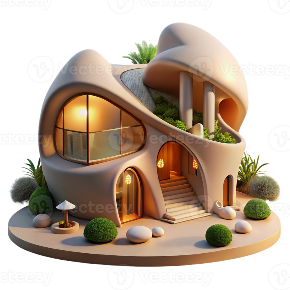 beautiful traditional Organic architecture house, flowing curves, natural materials, integrated landscape, warm sunlight, environmental portrait premium png