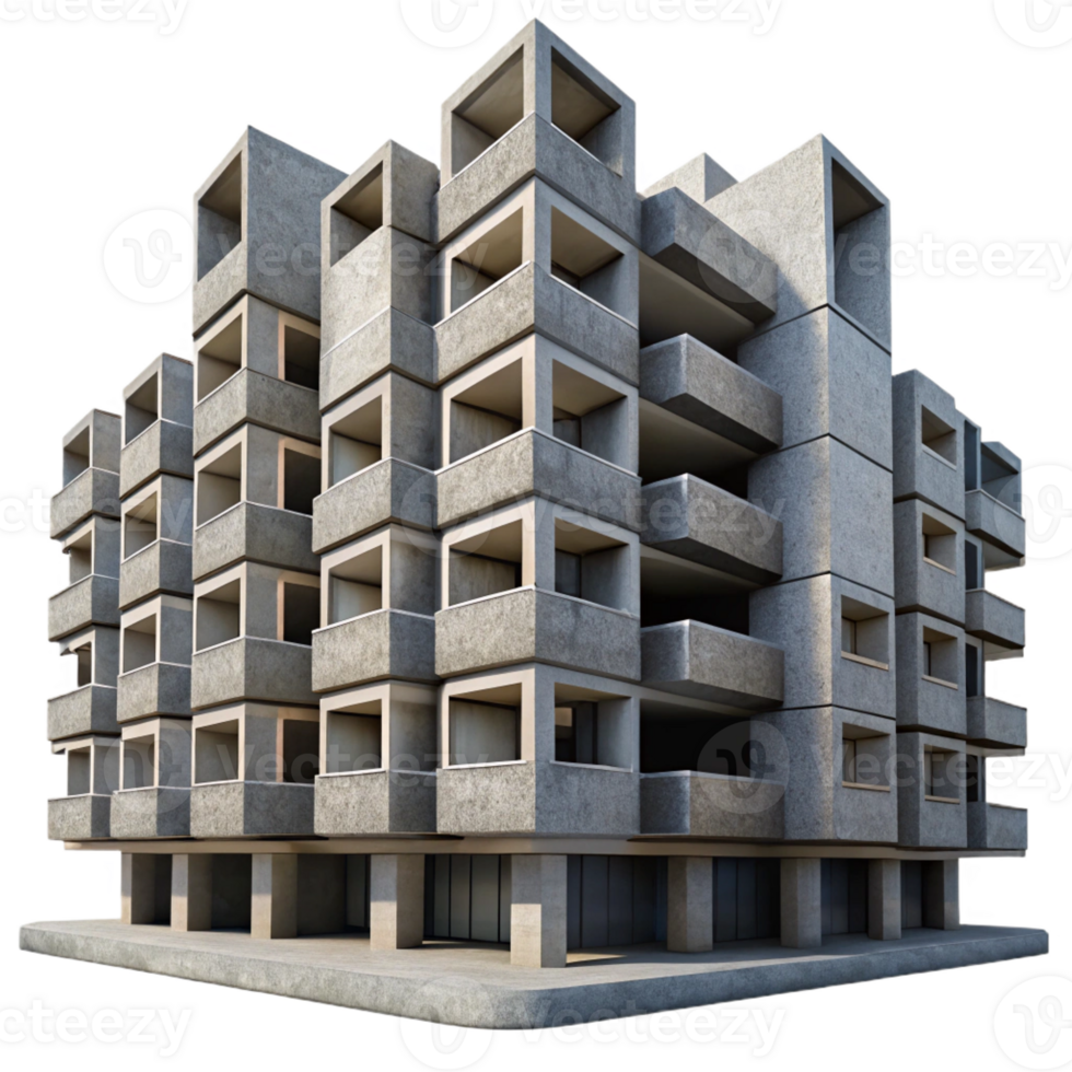 wonderful artistic Brutalist concrete apartment block, repetitive geometric patterns, harsh shadows, overcast sky, documentary photography style detailed png