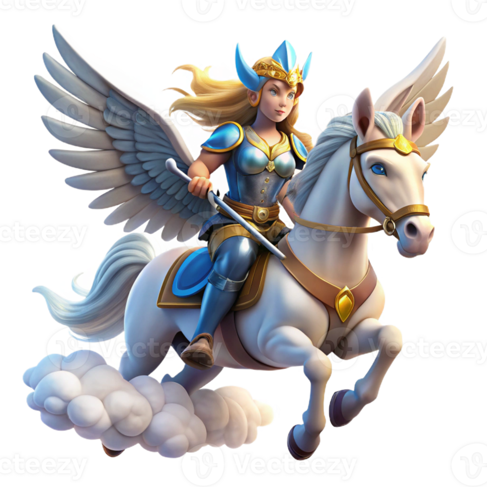 impressive modern A beautiful Valkyrie with winged helmet and shining armor, riding a winged horse through a stormy sky, in a Norse mythology-inspired style genuine png