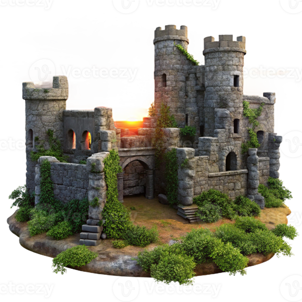 wonderful creative Medieval castle ruins, crumbling stone walls, overgrown vegetation, dramatic sunset, historical painting high quality png