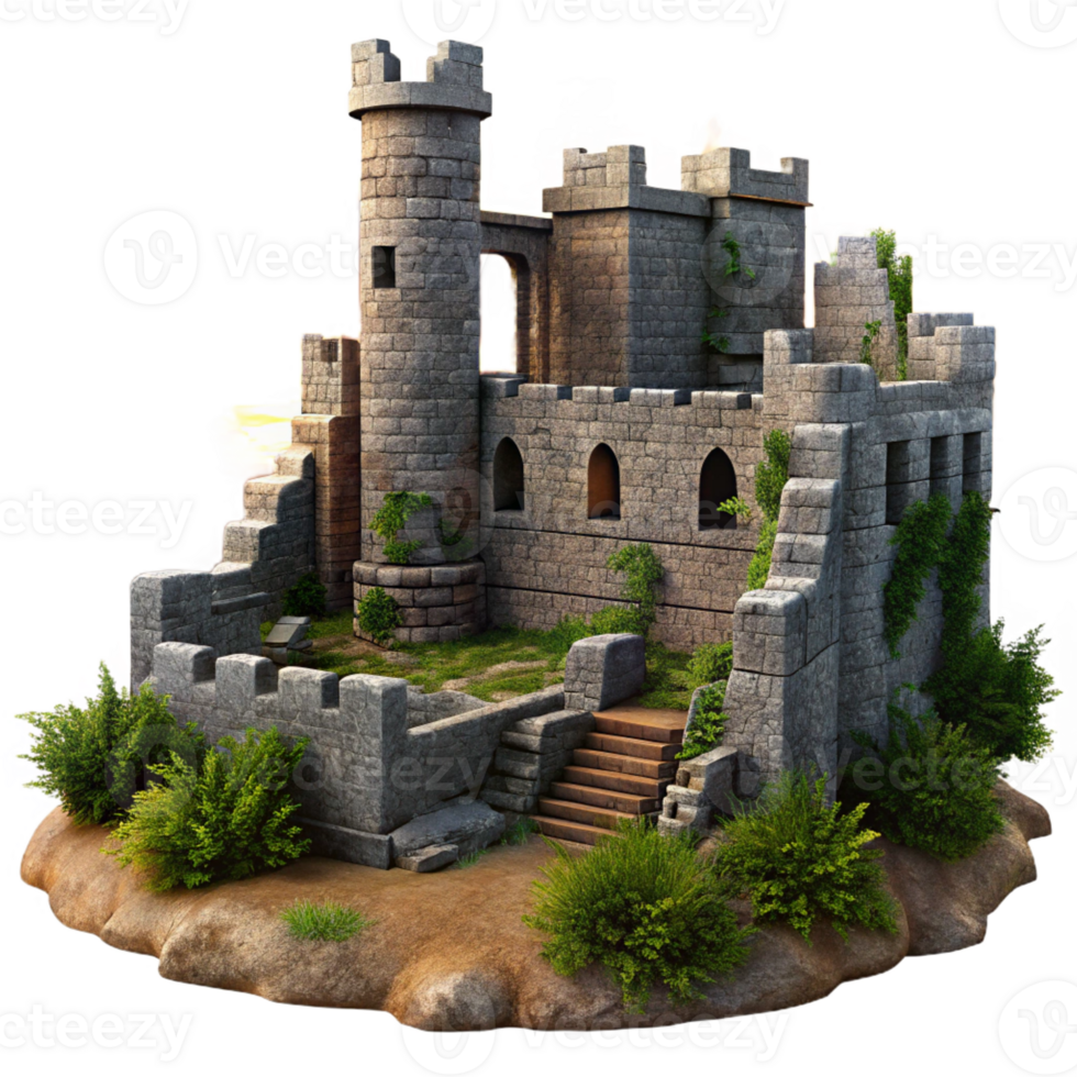 serene vintage Medieval castle ruins, crumbling stone walls, overgrown vegetation, dramatic sunset, historical painting genuine png