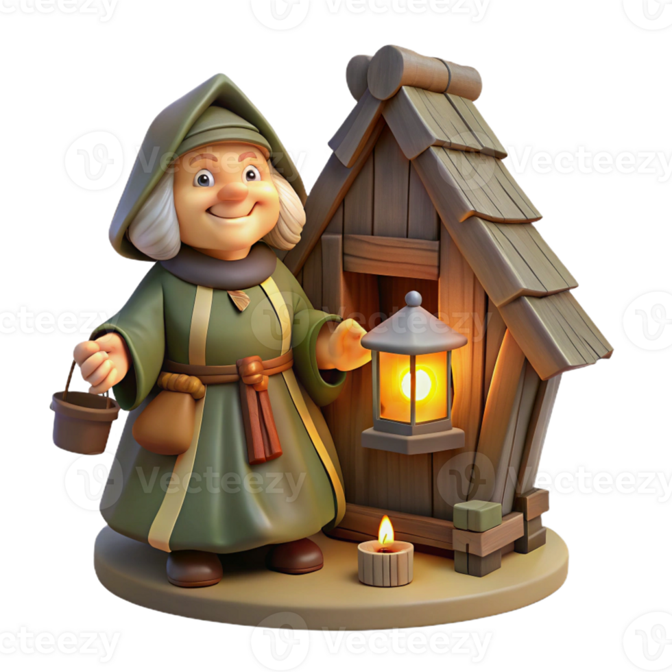 dramatic rustic A wise old Baba Yaga residing in her chicken-legged hut, deep within a dark forest, illuminated by a single flickering lantern, in a Slavic folklore-inspired style 4K png