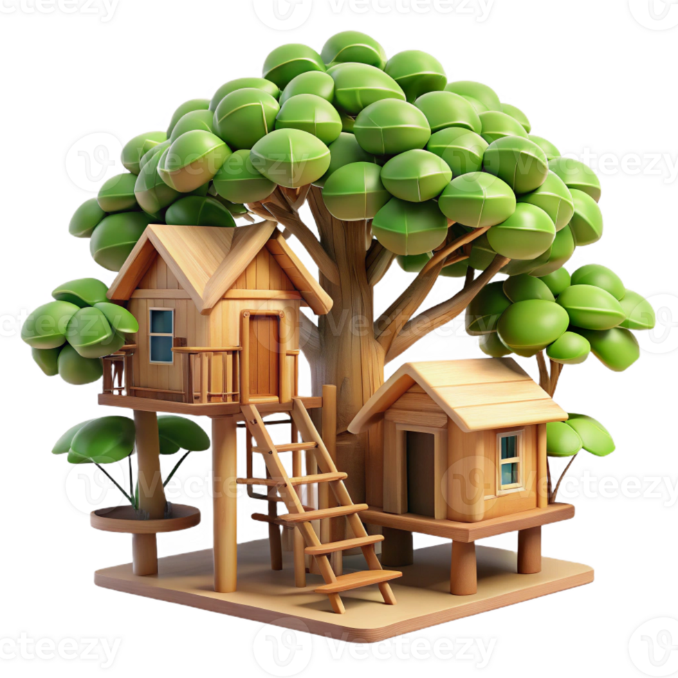extraordinary classic Treehouse village, interconnected wooden structures, lush foliage, dappled sunlight, whimsical illustration original png