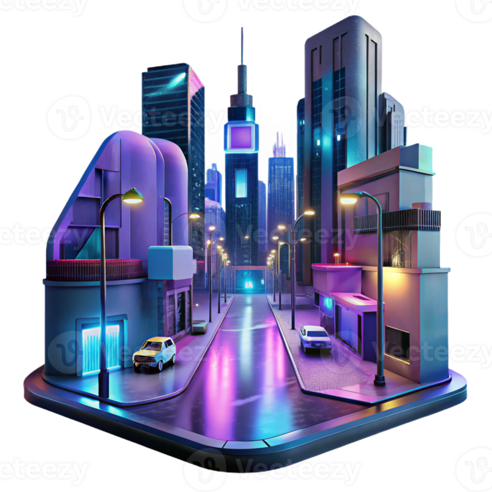 magnificent creative Cyberpunk street scene, neon signs, holographic projections, rainy night, futuristic cityscape, digital painting original png