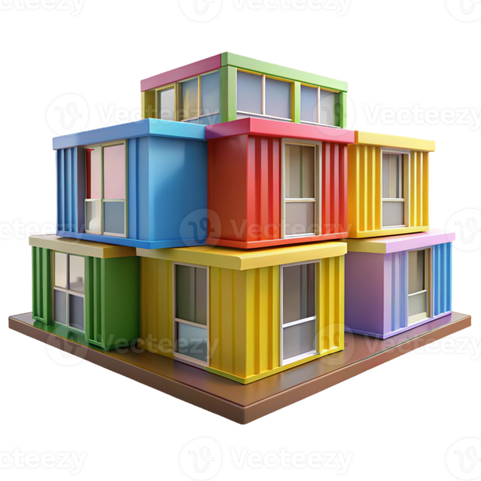 dramatic creative Prefabricated modular housing units, colorful design, stacked configuration, bright daylight, architectural visualization high resolution png