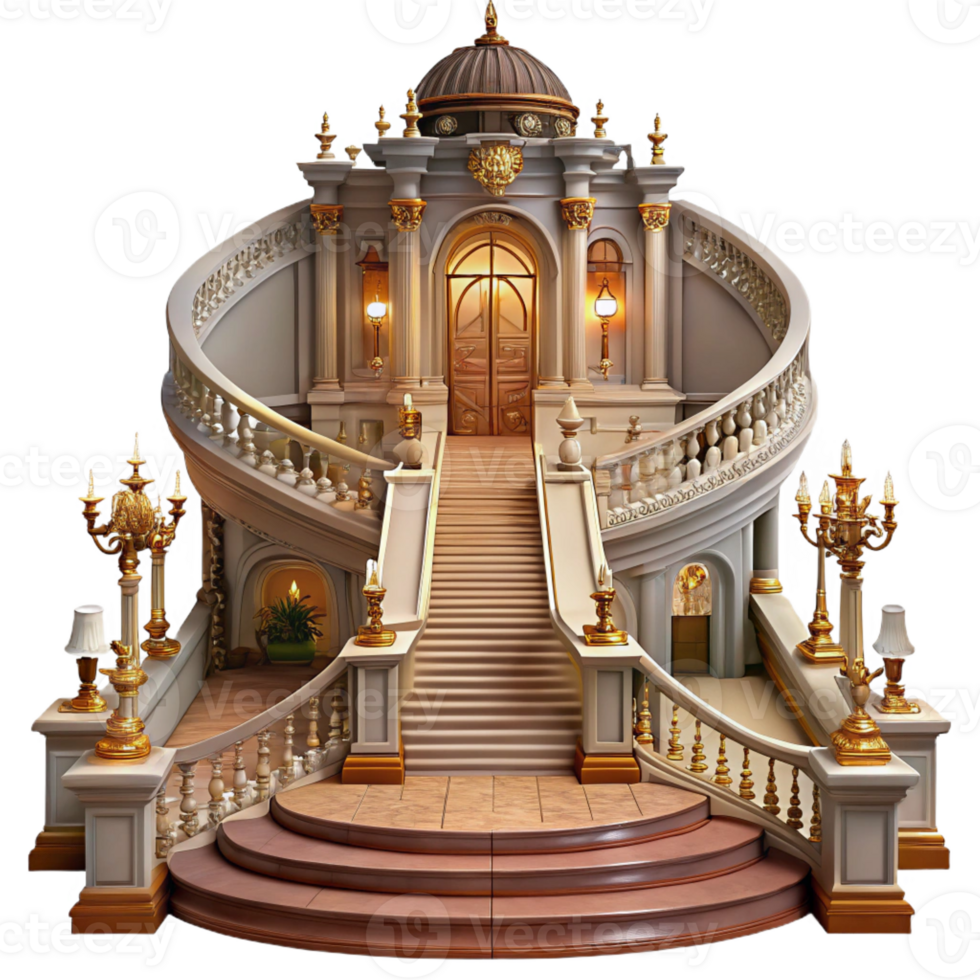 magnificent rustic Baroque palace, grand staircase, ornate chandeliers, lavish decorations, warm candlelight, historical painting premium png