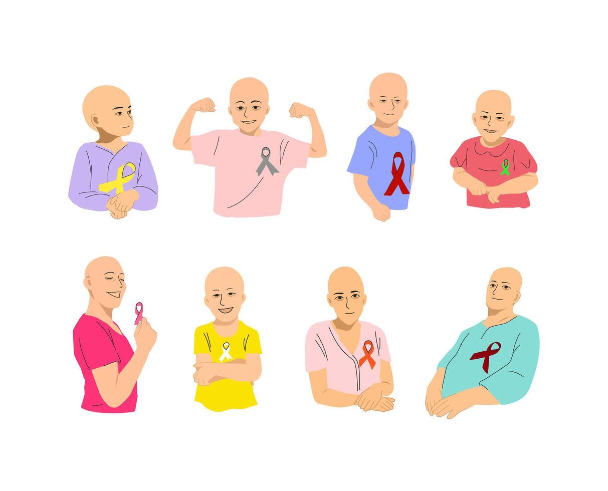 A collection of illustrations depicting strong and resilient cancer patients, for health awareness campaigns, medical support materials, and inspirational projects. vector