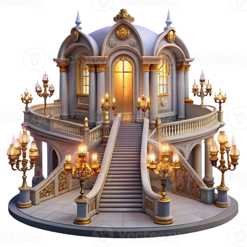 magnificent contemporary Baroque palace, grand staircase, ornate chandeliers, lavish decorations, warm candlelight, historical painting detailed png
