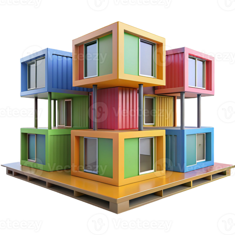 wonderful contemporary Prefabricated modular housing units, colorful design, stacked configuration, bright daylight, architectural visualization original png