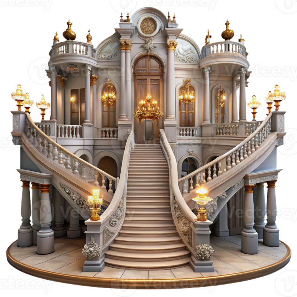 vibrant abstract Baroque palace, grand staircase, ornate chandeliers, lavish decorations, warm candlelight, historical painting professional png