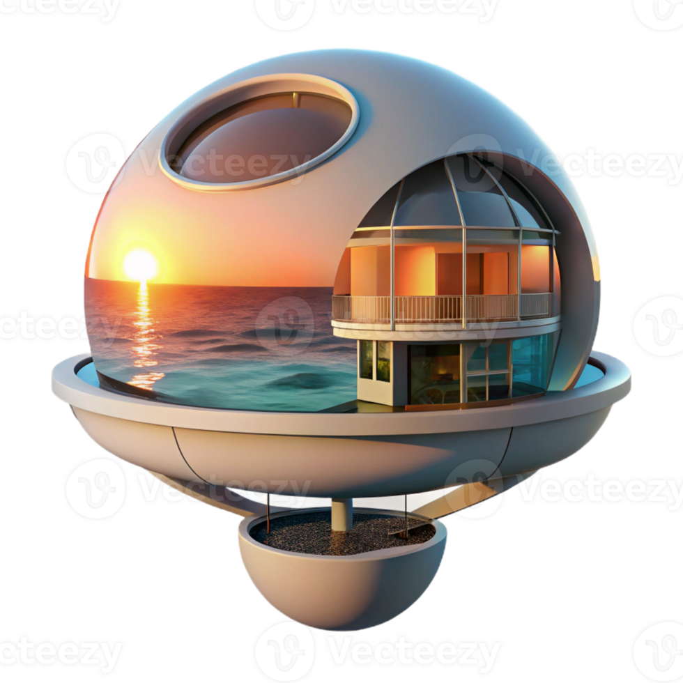 wonderful abstract Floating spherical house, minimalist design, panoramic ocean view, sunset lighting, futuristic architecture visualization premium png