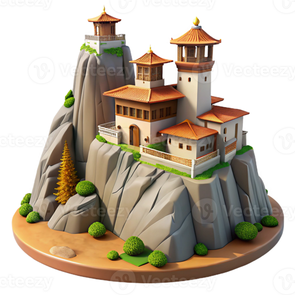 elegant minimalist Mountaintop monastery, traditional stone construction, panoramic mountain views, clear daylight, photorealistic render exclusive png
