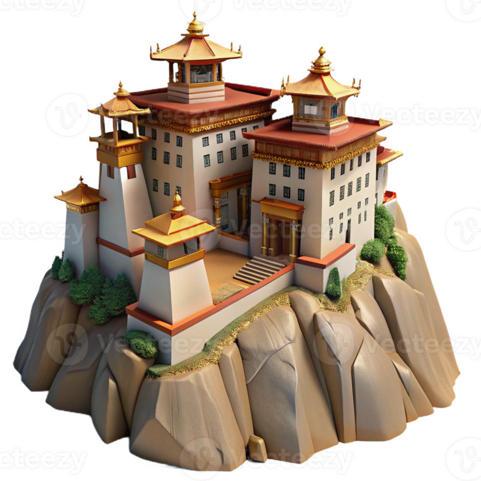 impressive traditional Mountaintop monastery, traditional stone construction, panoramic mountain views, clear daylight, photorealistic render authentic png