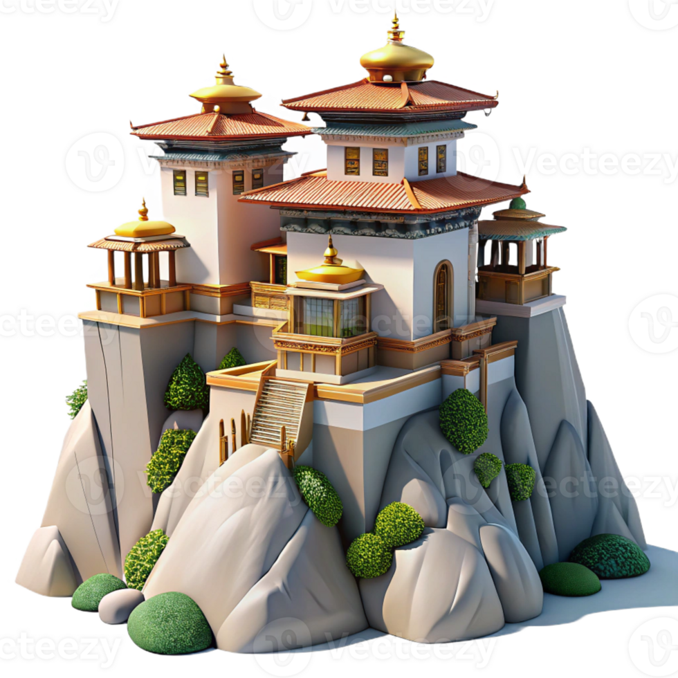 magnificent creative Mountaintop monastery, traditional stone construction, panoramic mountain views, clear daylight, photorealistic render detailed png
