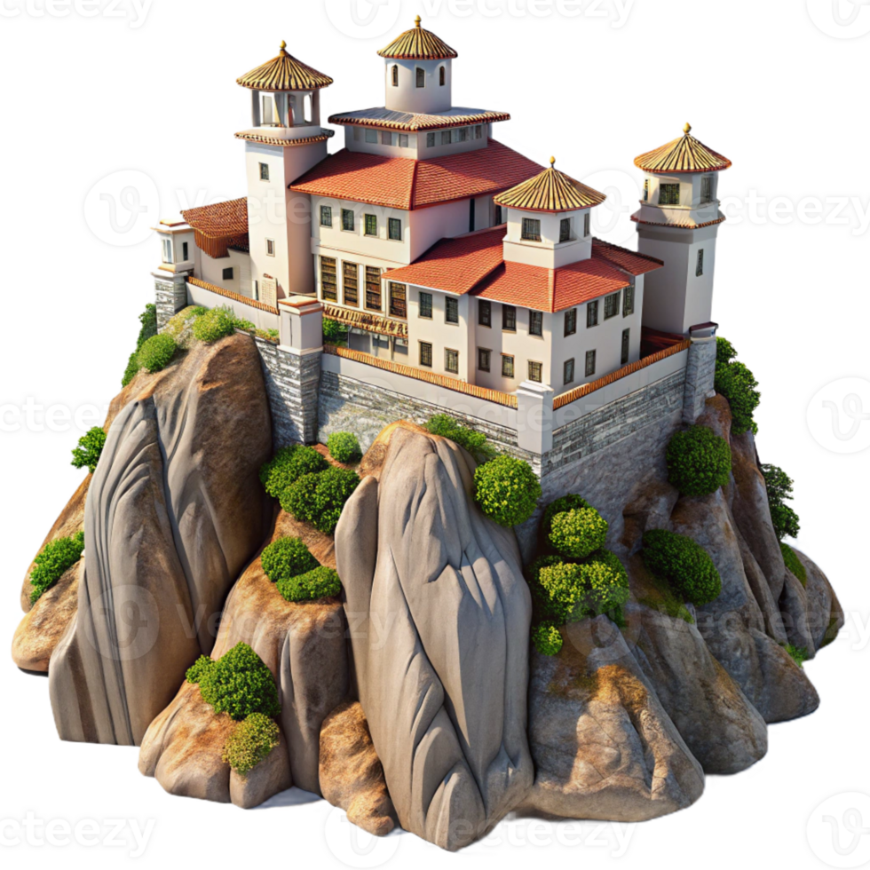 elegant modern Mountaintop monastery, traditional stone construction, panoramic mountain views, clear daylight, photorealistic render professional png