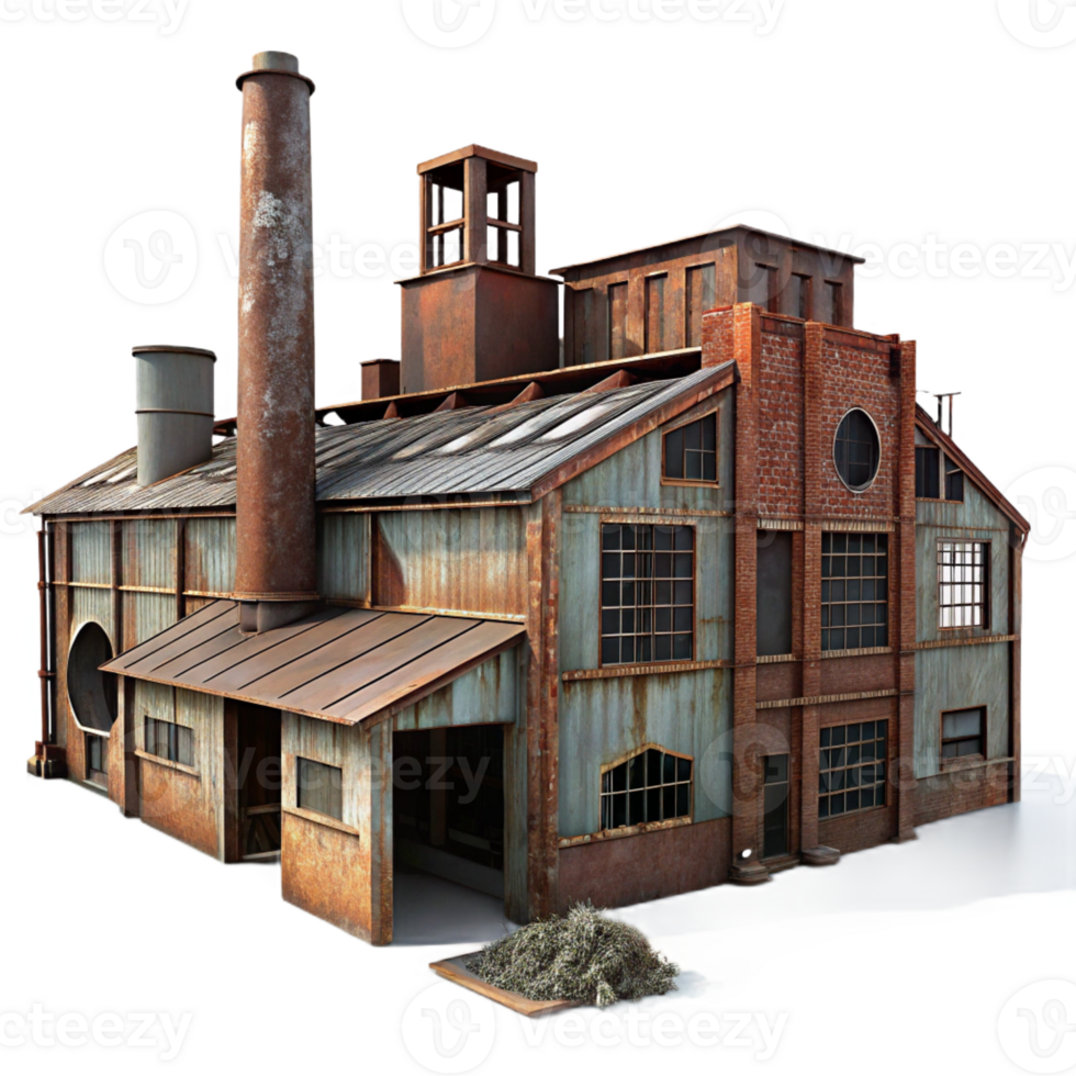 impressive classic Abandoned industrial factory, rusty metal structures, broken windows, overcast sky, urban decay photography high resolution png