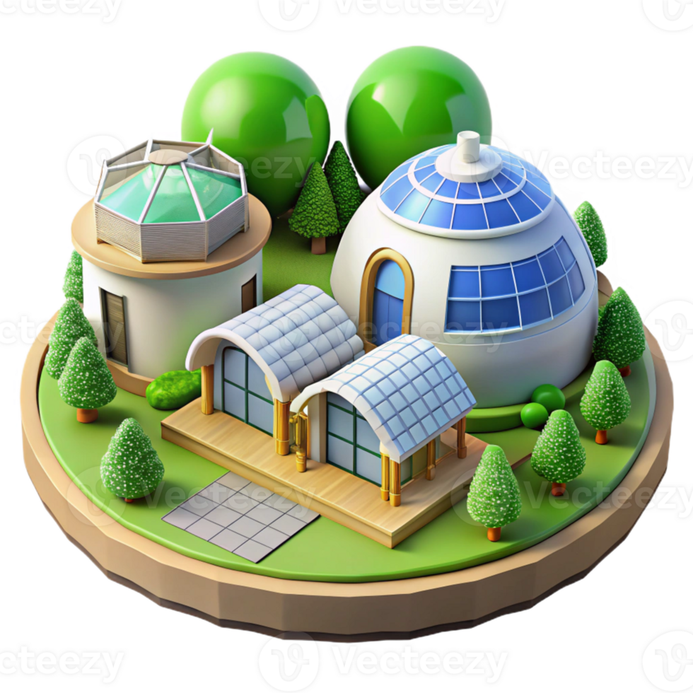beautiful creative Sustainable eco-village, earth-sheltered homes, solar panels, green roofs, sunny day, environmental architecture visualization detailed png
