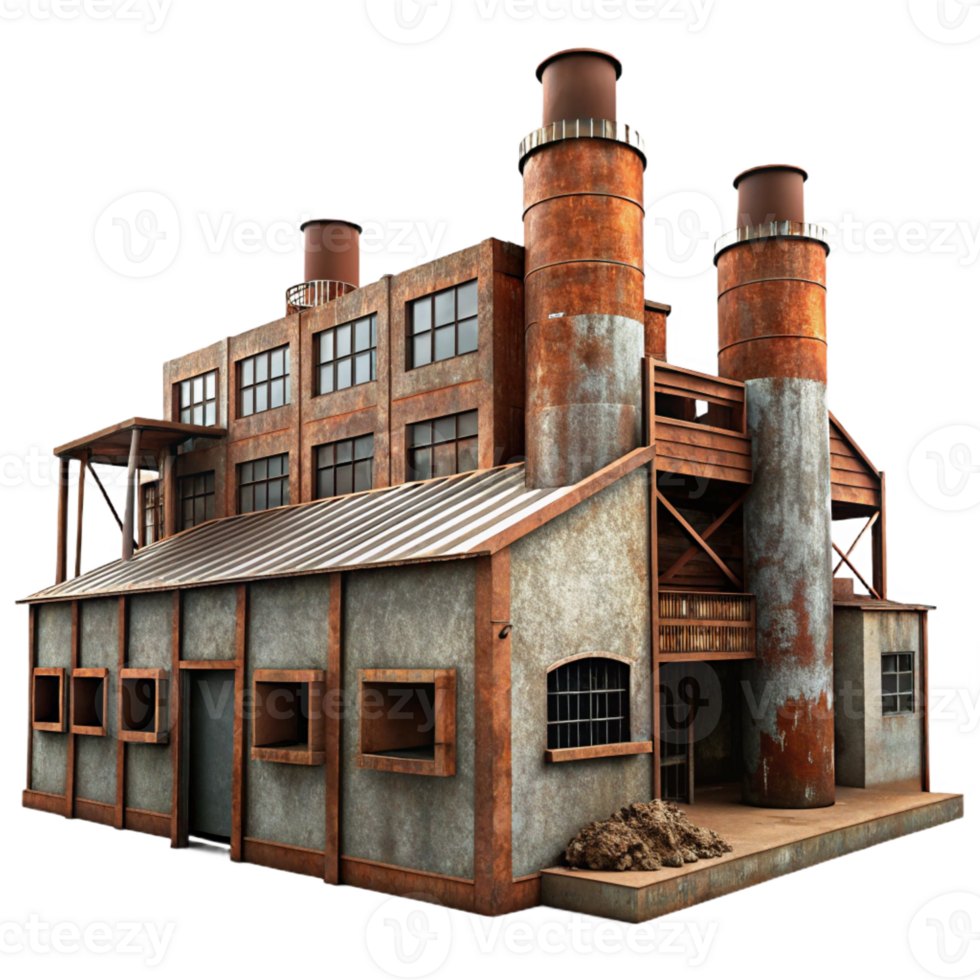 elegant creative Abandoned industrial factory, rusty metal structures, broken windows, overcast sky, urban decay photography high quality png