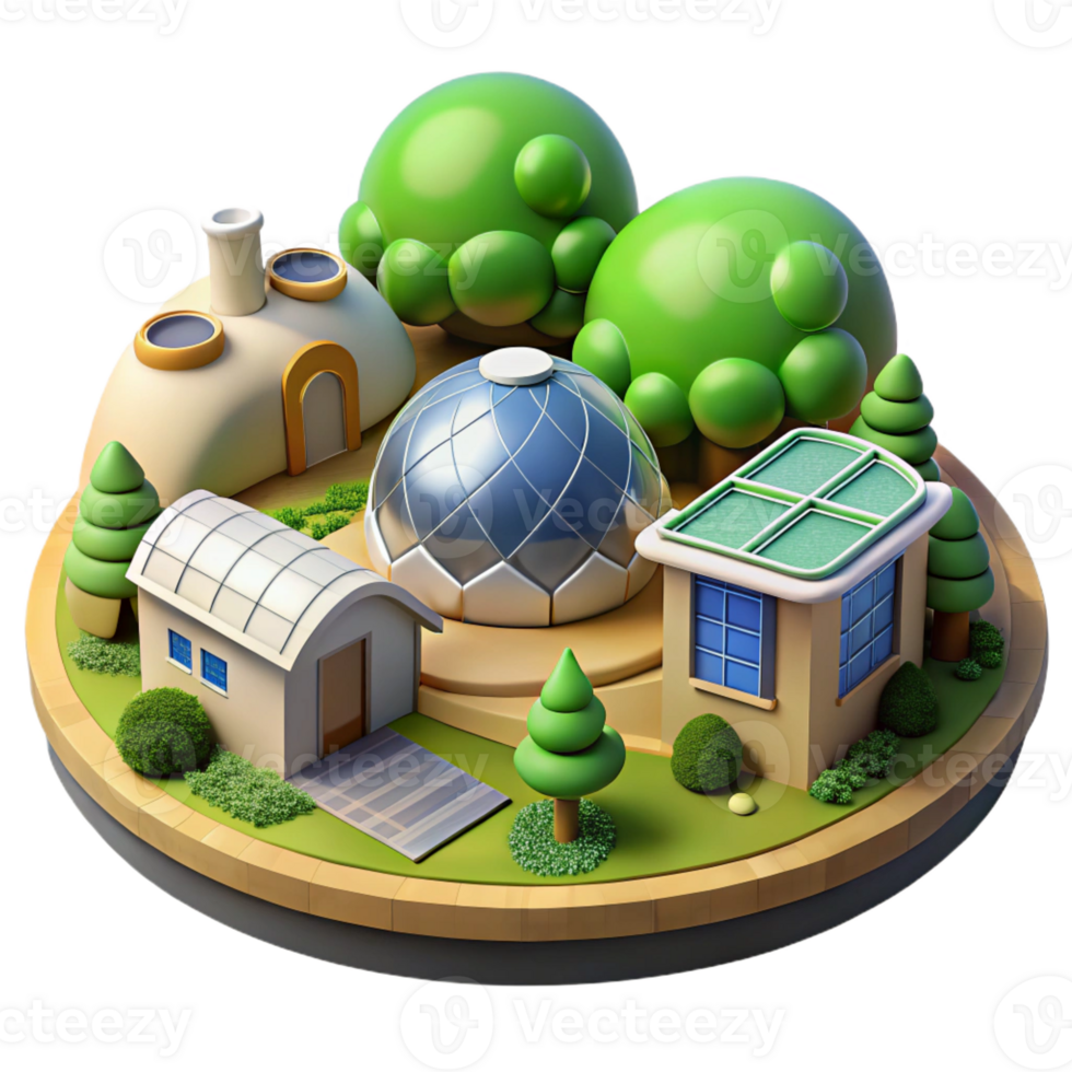 elegant creative Sustainable eco-village, earth-sheltered homes, solar panels, green roofs, sunny day, environmental architecture visualization original png