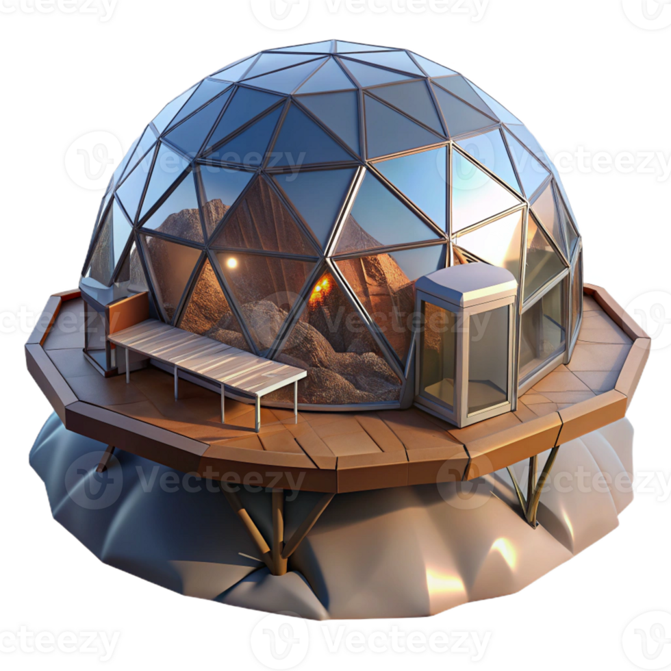 extraordinary creative Floating geodesic dome home, transparent shell, panoramic mountain views, sunset lighting, futuristic architecture visualization high resolution png