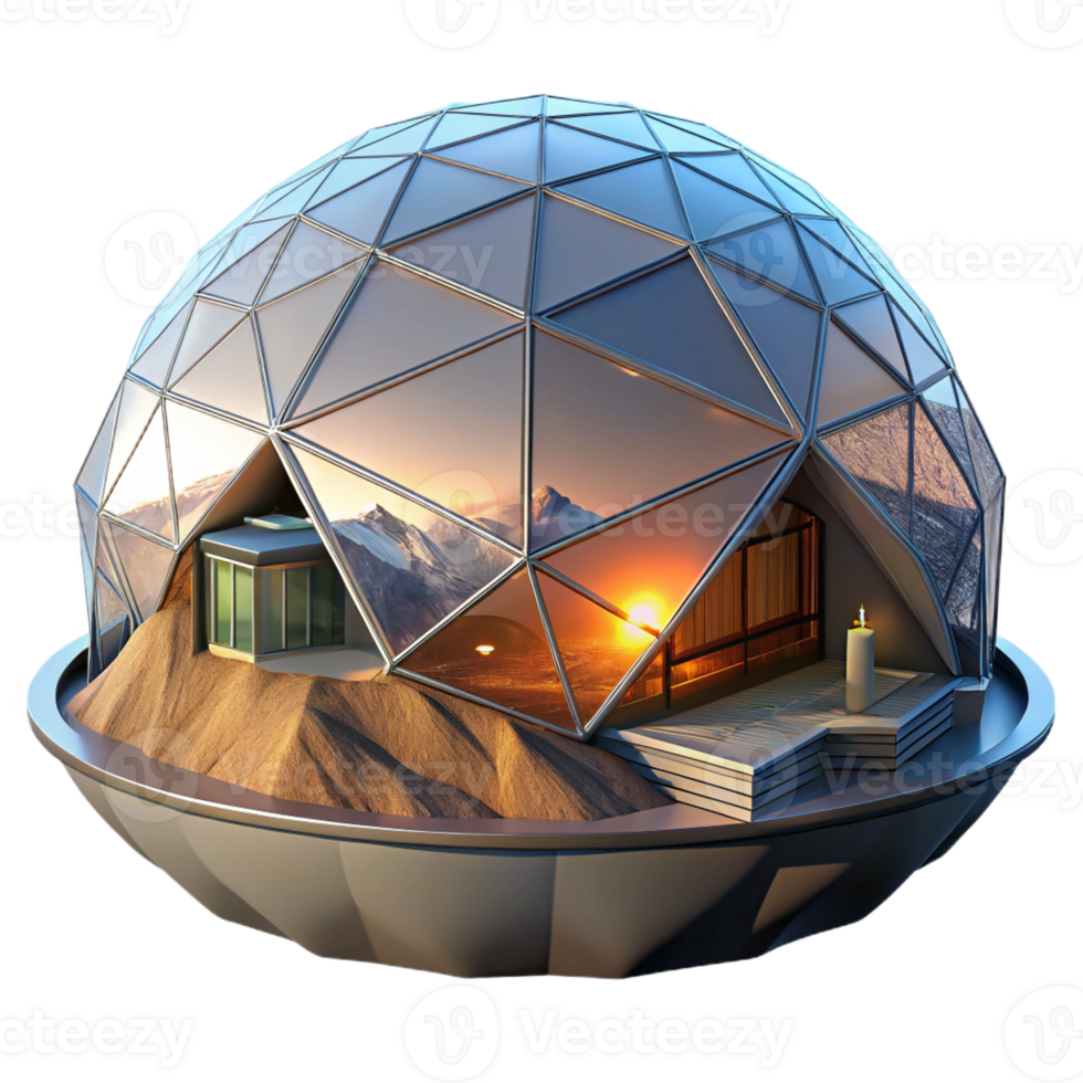 dramatic classic Floating geodesic dome home, transparent shell, panoramic mountain views, sunset lighting, futuristic architecture visualization 4K png