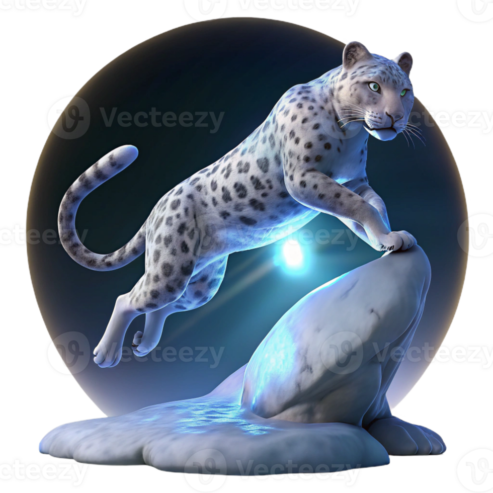 vibrant creative A majestic snow leopard leaping across a chasm, illuminated by a single ray of moonlight, rendered in a hyperrealistic style exclusive png