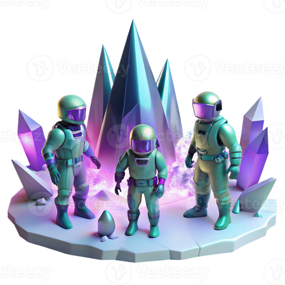 extraordinary artistic A group of space explorers in futuristic, iridescent suits, exploring a crystalline cave on an alien planet. Cool, ambient lighting. Synthwave style detailed png