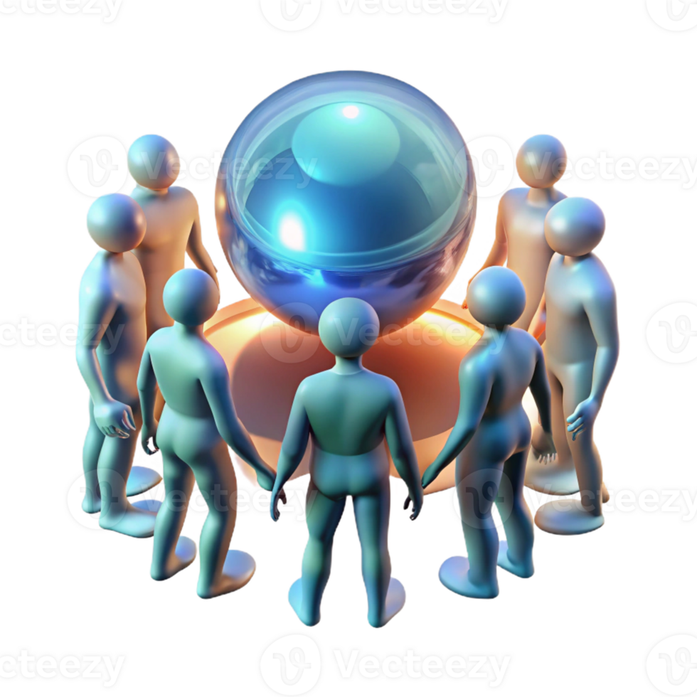 stunning creative A group of genetically modified humans, with glowing skin and otherworldly features, gather around a glowing orb. Ethereal, glowing lighting. Fantasy style high quality png