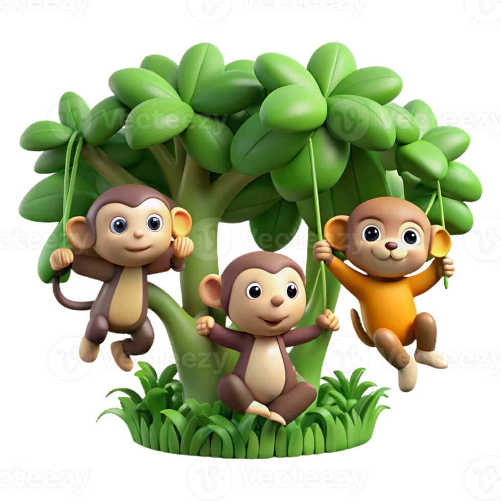 magnificent creative A group of playful monkeys swinging through the trees in a lush rainforest. Natural lighting, vibrant green foliage. Cartoon style authentic png