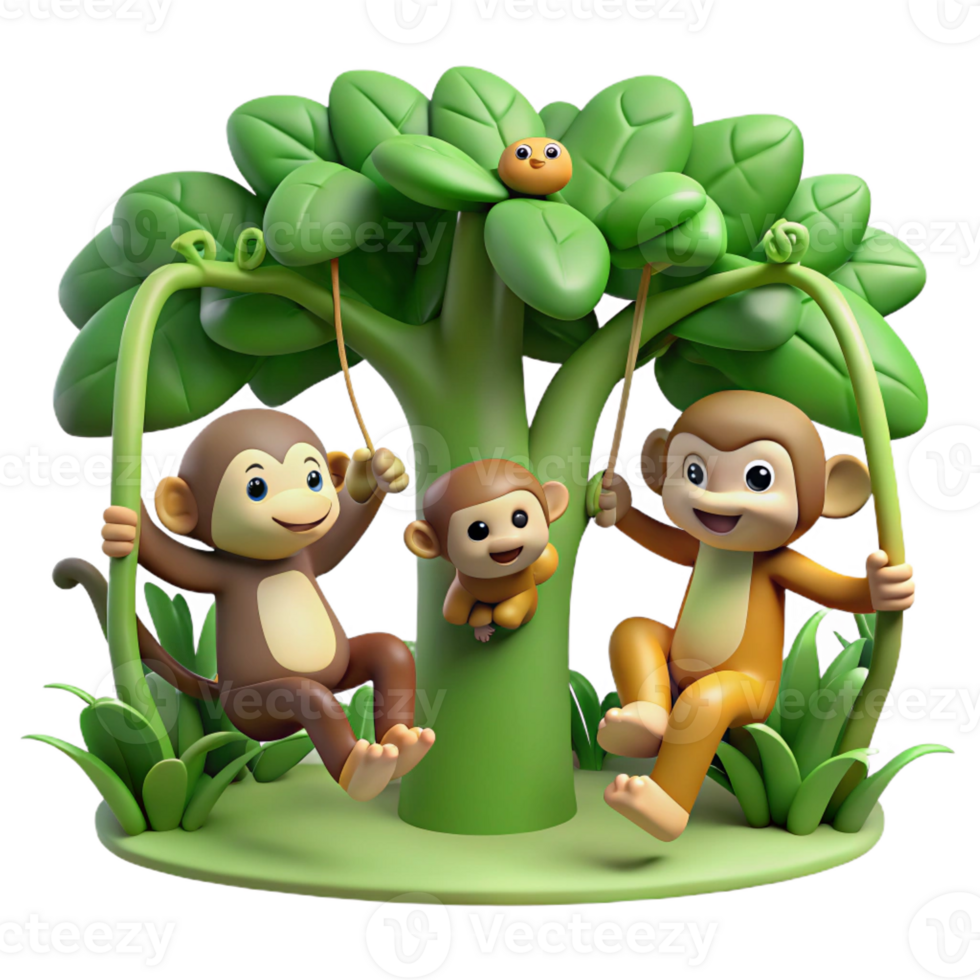 elegant classic A group of playful monkeys swinging through the trees in a lush rainforest. Natural lighting, vibrant green foliage. Cartoon style authentic png