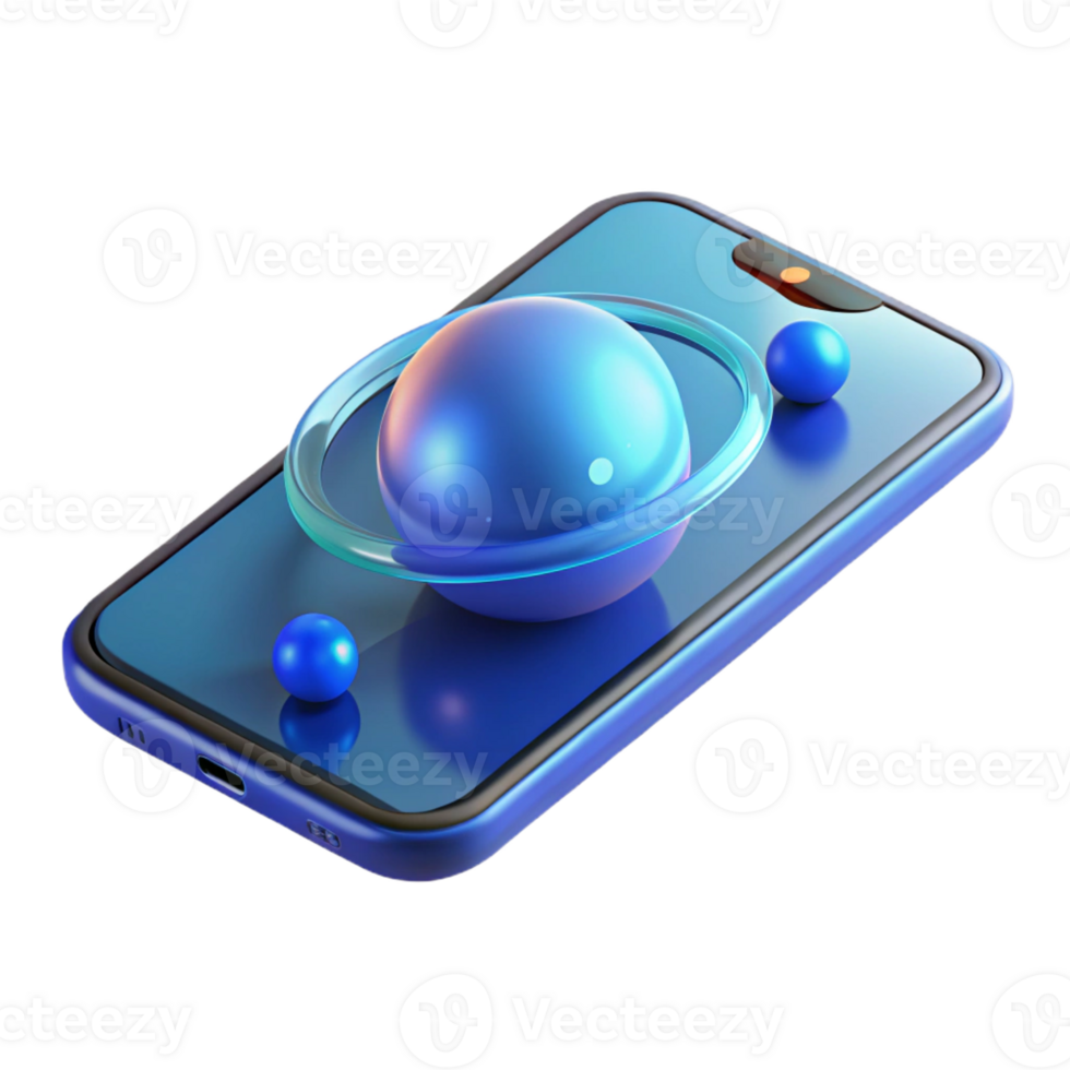 dramatic creative A levitating transparent smartphone displaying a 3D model of the solar system, illuminated by a cool blue light, in a minimalist style 4K png
