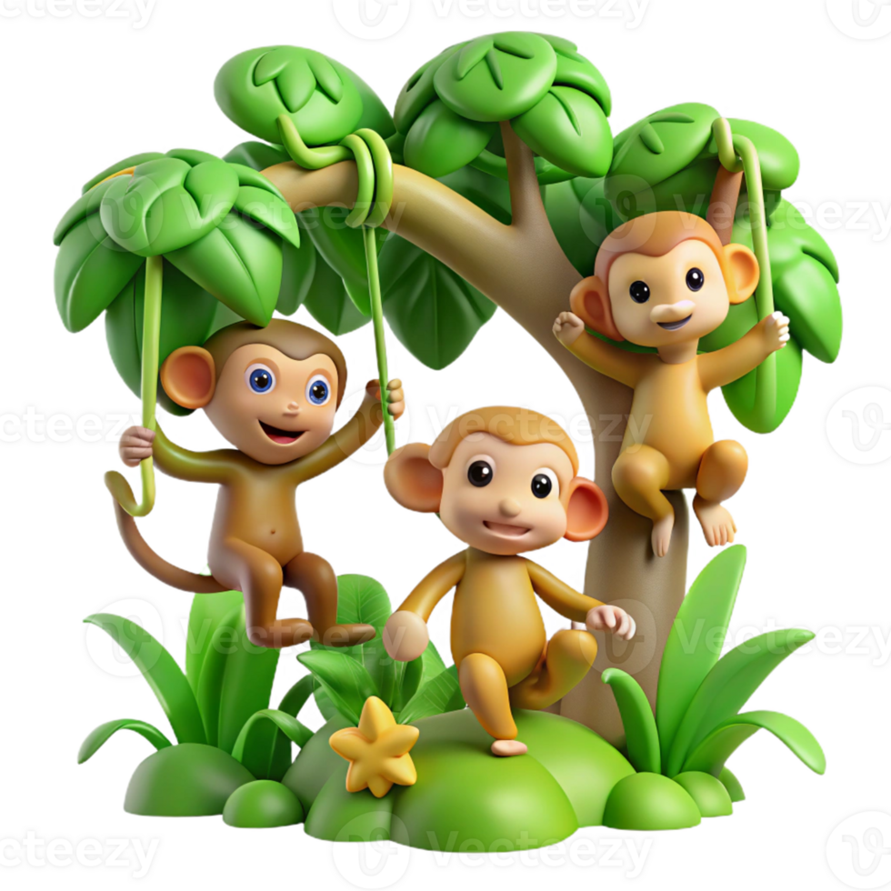 extraordinary abstract A group of playful monkeys swinging through the trees in a lush rainforest. Natural lighting, vibrant green foliage. Cartoon style original png