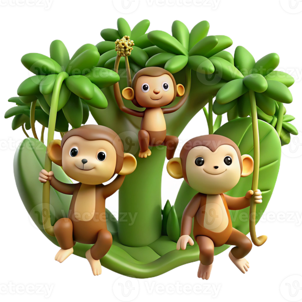 extraordinary artistic A group of playful monkeys swinging through the trees in a lush rainforest. Natural lighting, vibrant green foliage. Cartoon style professional png