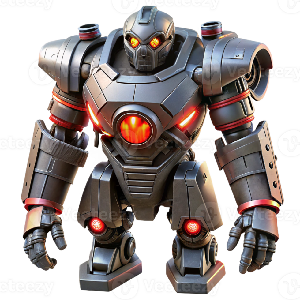 serene creative A colossal, robotic sentinel, with glowing red eyes and heavy weaponry, stands guard over a desolate, futuristic landscape. Harsh, industrial lighting. Dieselpunk style premium png