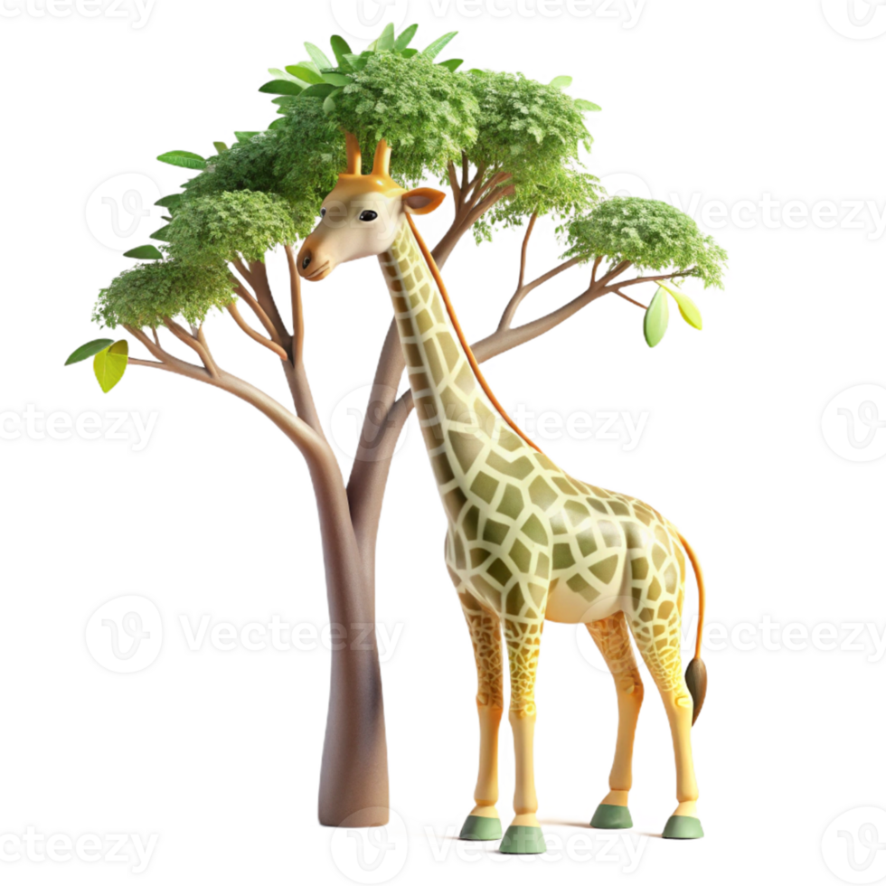 vibrant traditional A graceful giraffe reaching for leaves on a tall tree. Natural lighting, long shadows. Watercolor painting style exclusive png