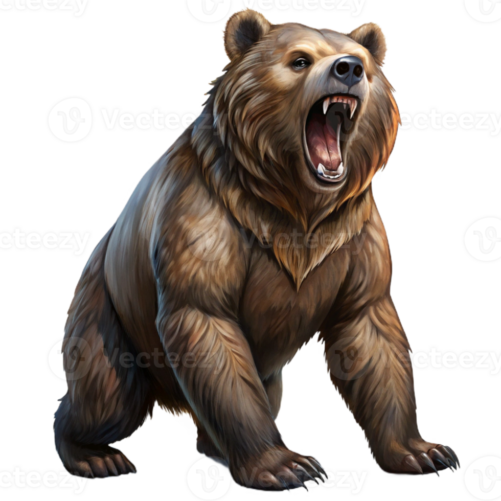 dramatic artistic A powerful grizzly bear standing on its hind legs, roaring fiercely. Dramatic backlighting. Oil painting style original png