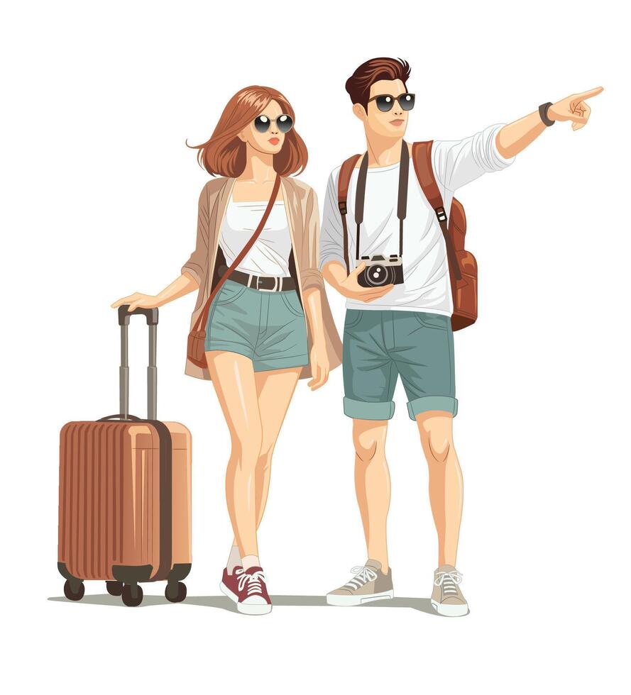 young couple traveler with suitcase isolated on white background vector