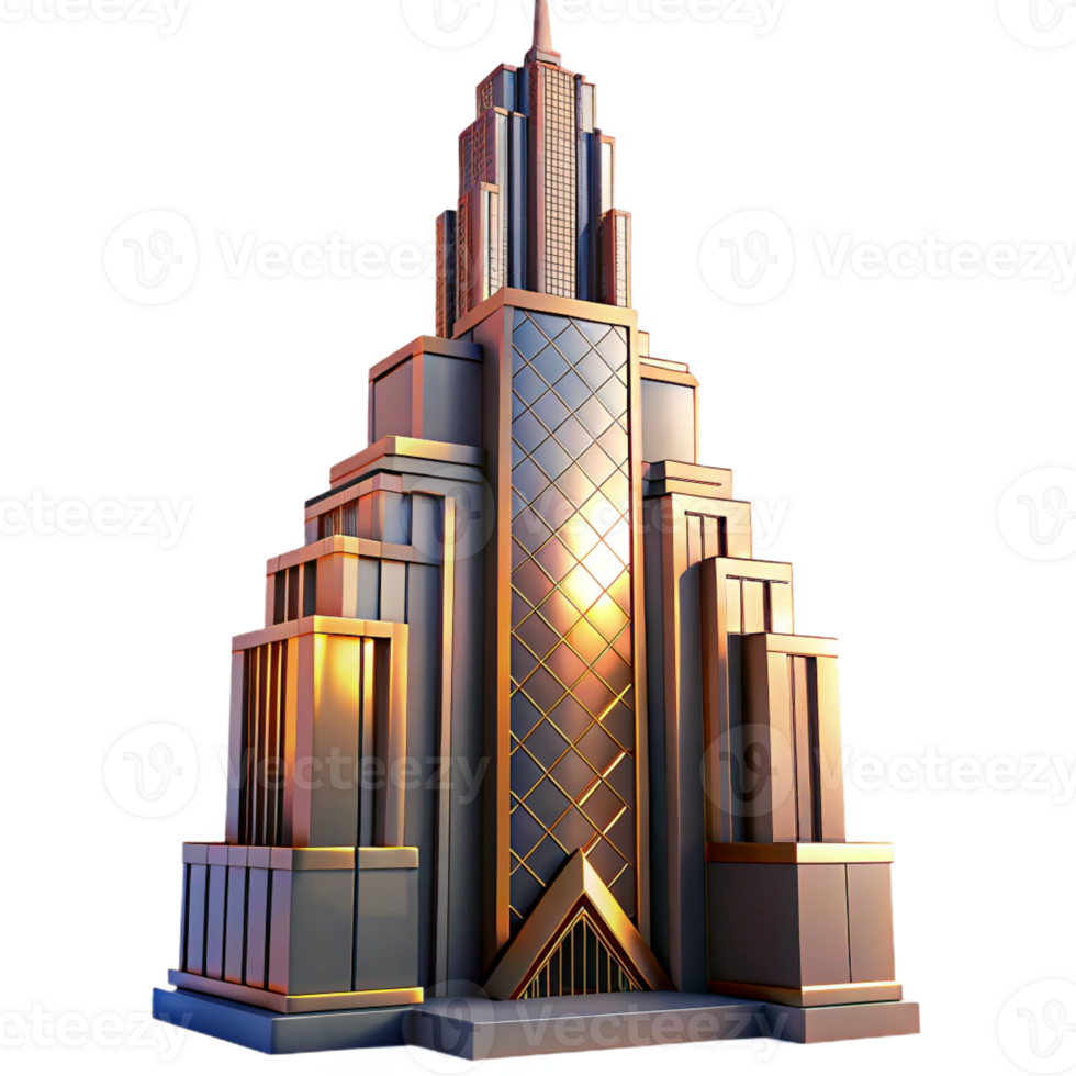 dramatic artistic Art Deco skyscraper, intricate geometric facade, chrome details, sunset lighting, volumetric lighting, ray tracing, 8k, high detail, realistic, cinematic, genuine png